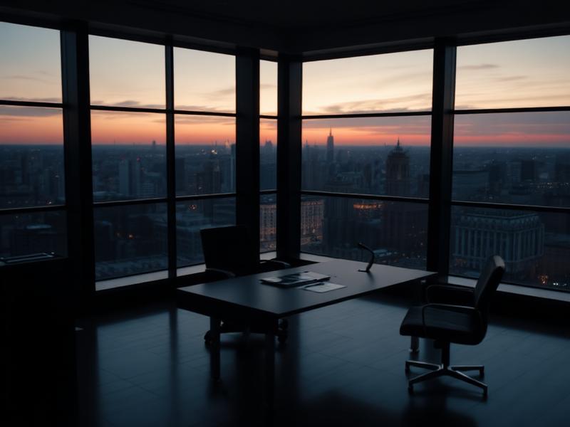 Executive office at dusk with floor to ceiling city views