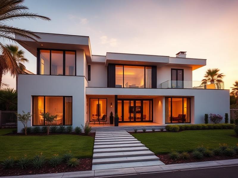 Modern luxury home exterior at golden hour with manicured landscaping